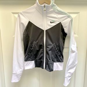 Nike zip up jacket workout athletic white greynavy teal stripe on left arm small